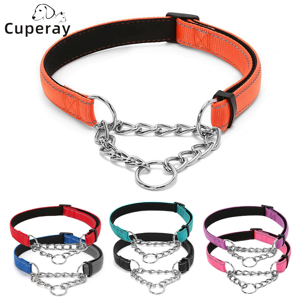 Stainless Steel Chain Martingale Dog Collar - Reflective Nylon Fabric Dog Collars