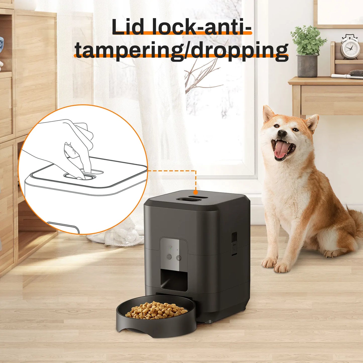 Automatic pet feeder with lid lock