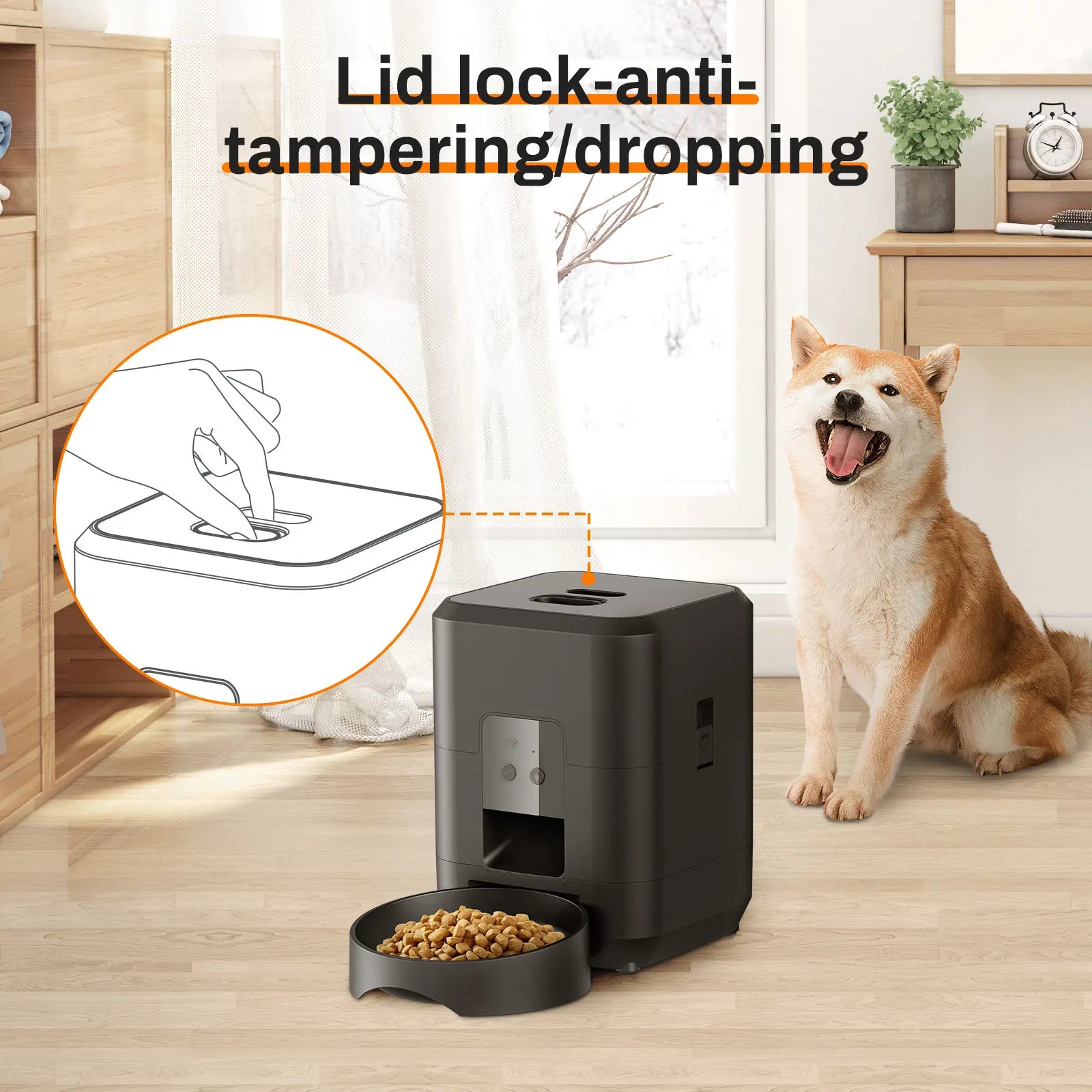 Automatic pet feeder with lid lock