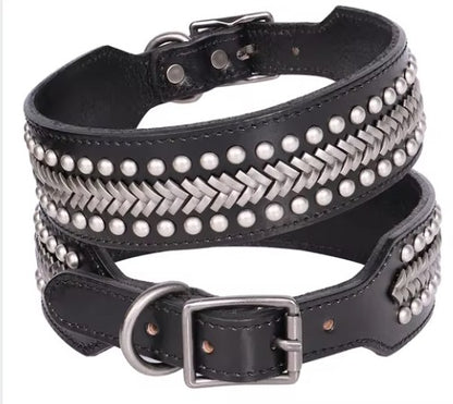 Original Leather Dog Collar 2inch Wide Luxury Riveted Necklace for Medium Large Dogs